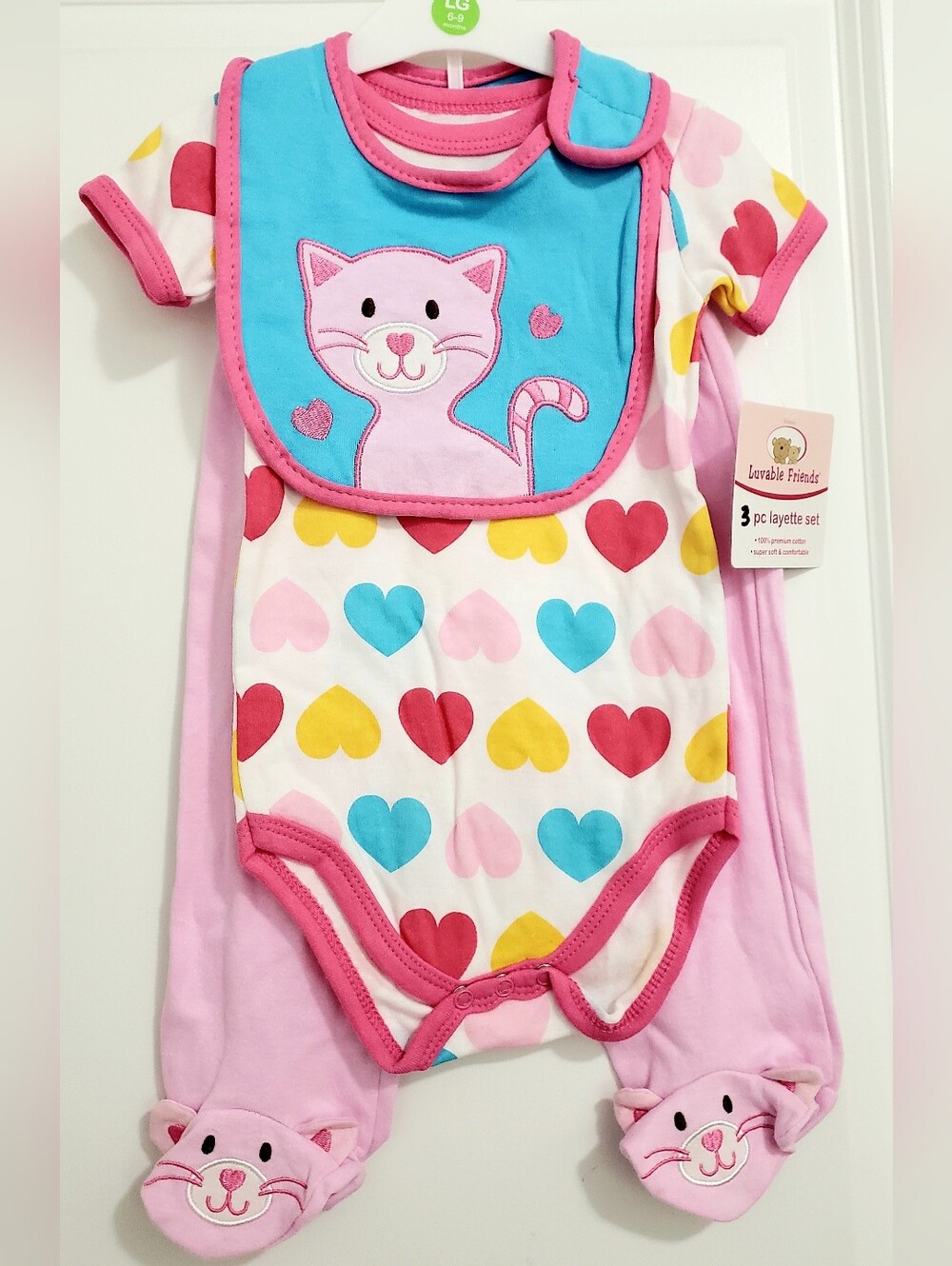 Lovable Friends Heart & Kitty 3-Piece Layette Set for 6-9M - Pink, Blue.